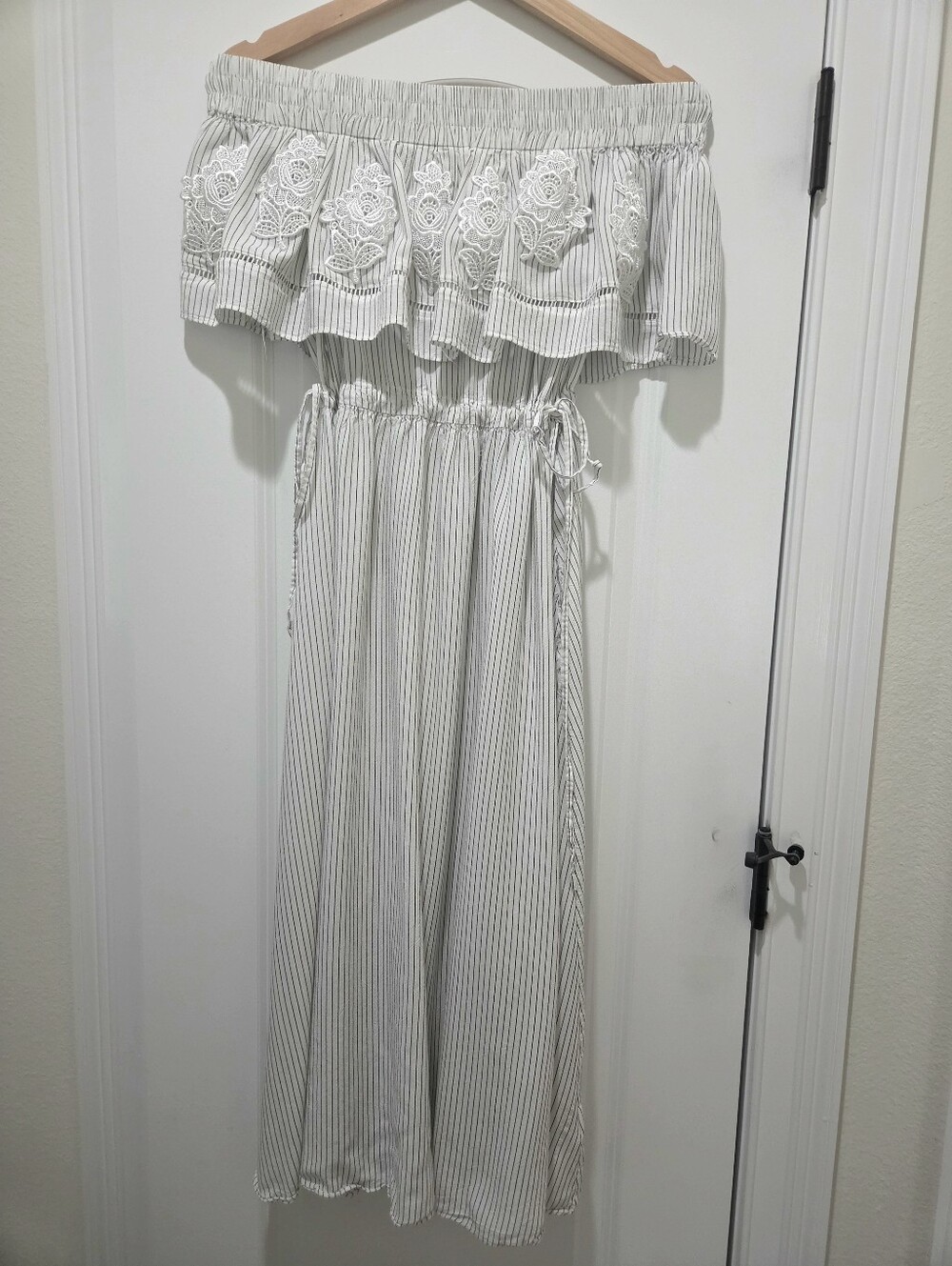 the room Off the Shoulder Striped Maxi Dress